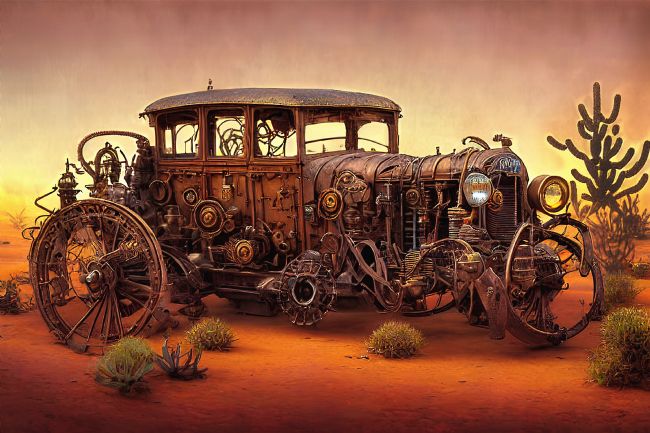 Kaye Menner | Steampunk Car Desert Sunset