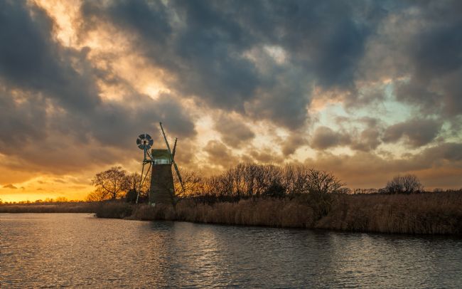 David Powley | December Sunset over Turf Fen Mill