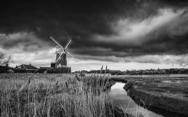 David Powley | Moody Skies Over Cley Mill Monochrome