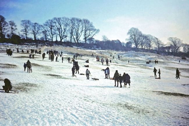 Chris Langley | Tobogganing the South Common, Lincoln  (watercolour)