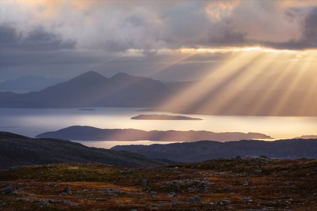 Barbara Jones | Applecross Bealach na Ba Sunbeams over Skye Scotland